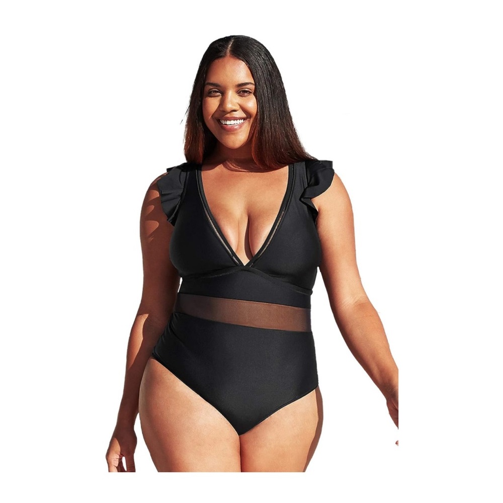 CUPSHE Women's One Piece Swimsuit V Neck Ruffle Mesh Bathing Suit (XL)